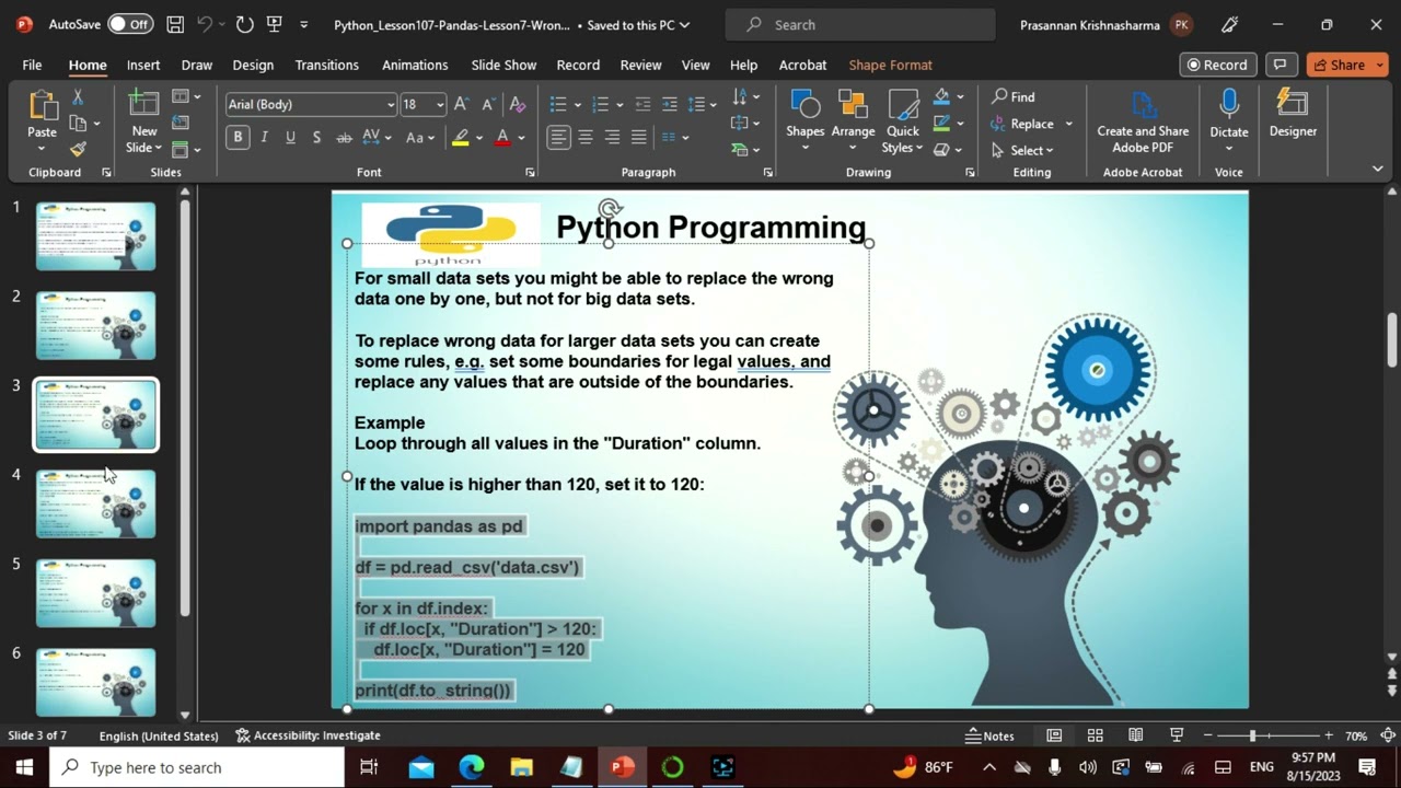 Python L108 in English, This video explains PANDA Lesson 7,Non Tech People can understand well.