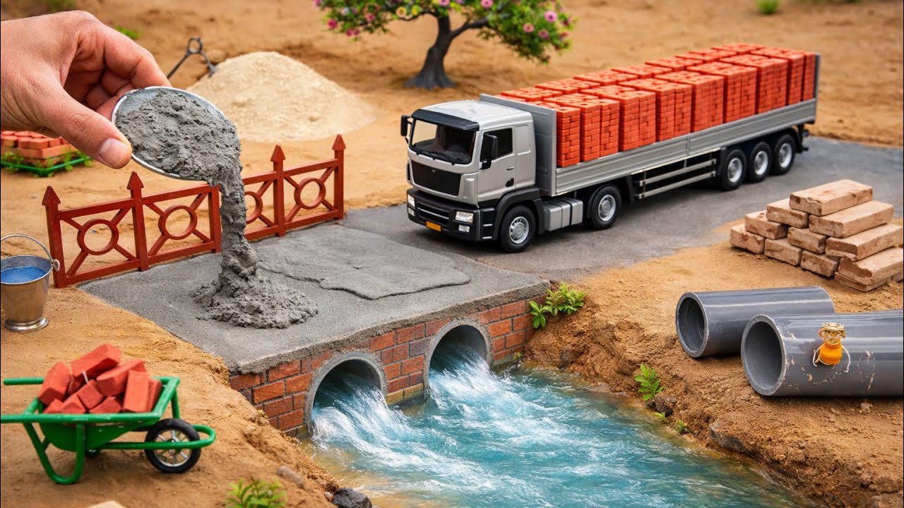 DIY Mini Truck Builds Brick & Metal Railing Bridge | Fun Construction Science Project video 2