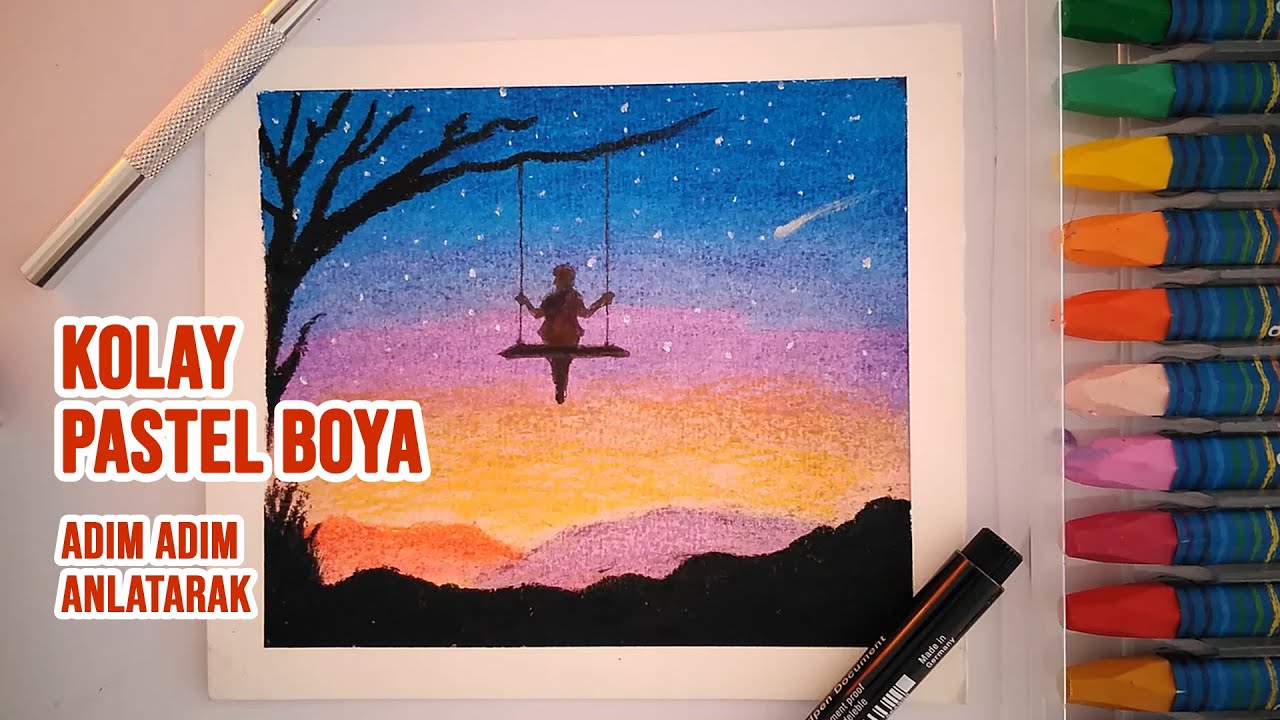 KOLAY PASTEL BOYA MANZARA ÇİZİMİ ! (Adım Adım Anlatarak) ! Easy Oil Pastel Drawing !