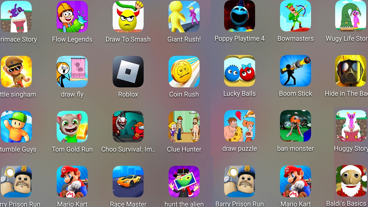 Roblox,Barry's Prison Run,Race Master,Choo Survival,Mario Kart,Stumble Guys,Wugy Life Story........