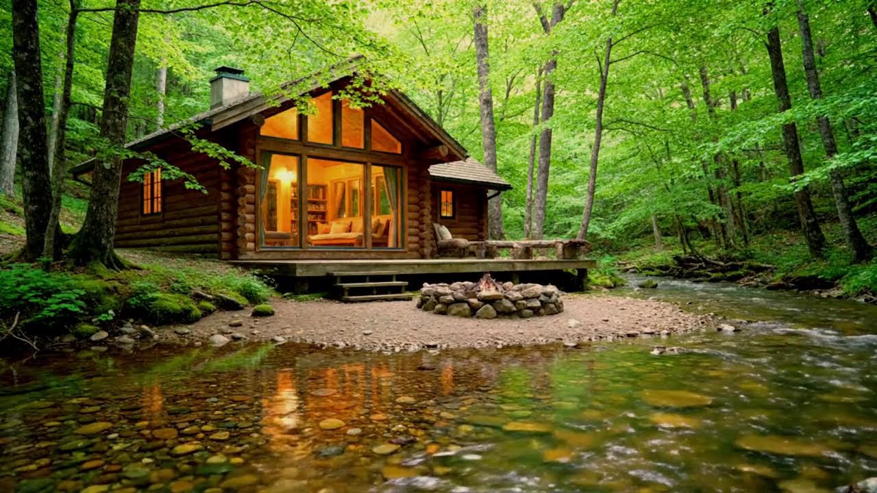 Peaceful Forest Cabin Ambience 🔥 Campfire and Soft Nature Sounds