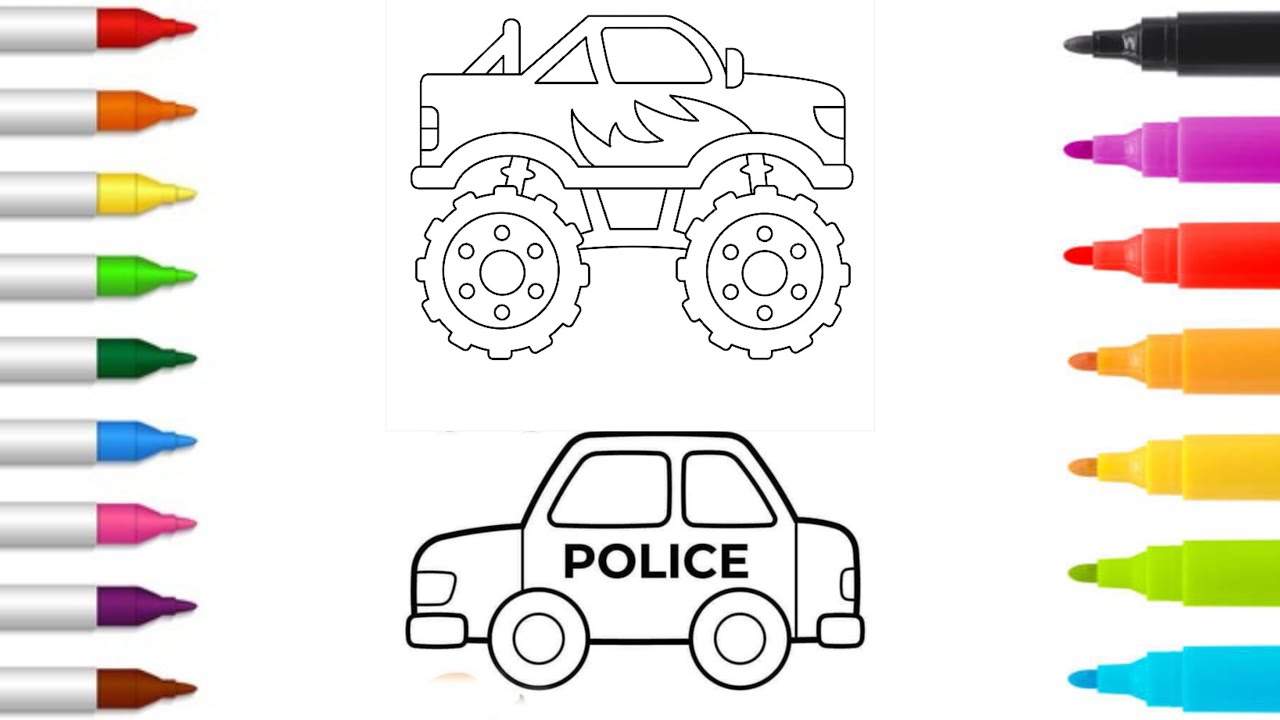How to draw Monster Truck and Police Car for kids | Coloring in monster truck and police car 🚓