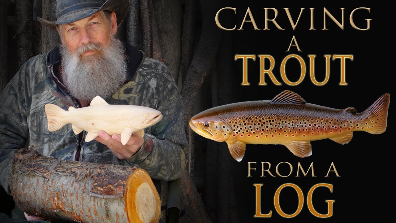 Carving a Wooden Brown Trout Fish from a Log
