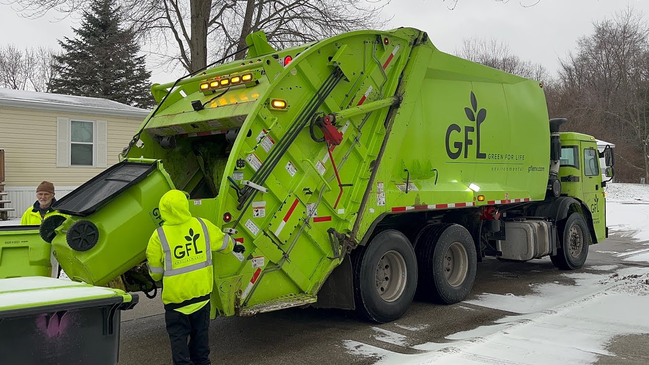 GFL Green Mack Rear Loader Garbage Truck On Post Christmas Recycling!