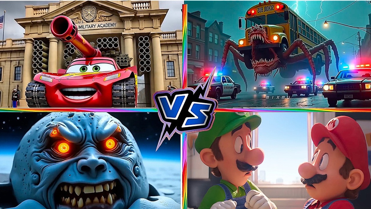 School Bus Monster VS McQueen Tank VS Super MARIO VS LUNAR MOON Tiles Hop EDM Rush 17