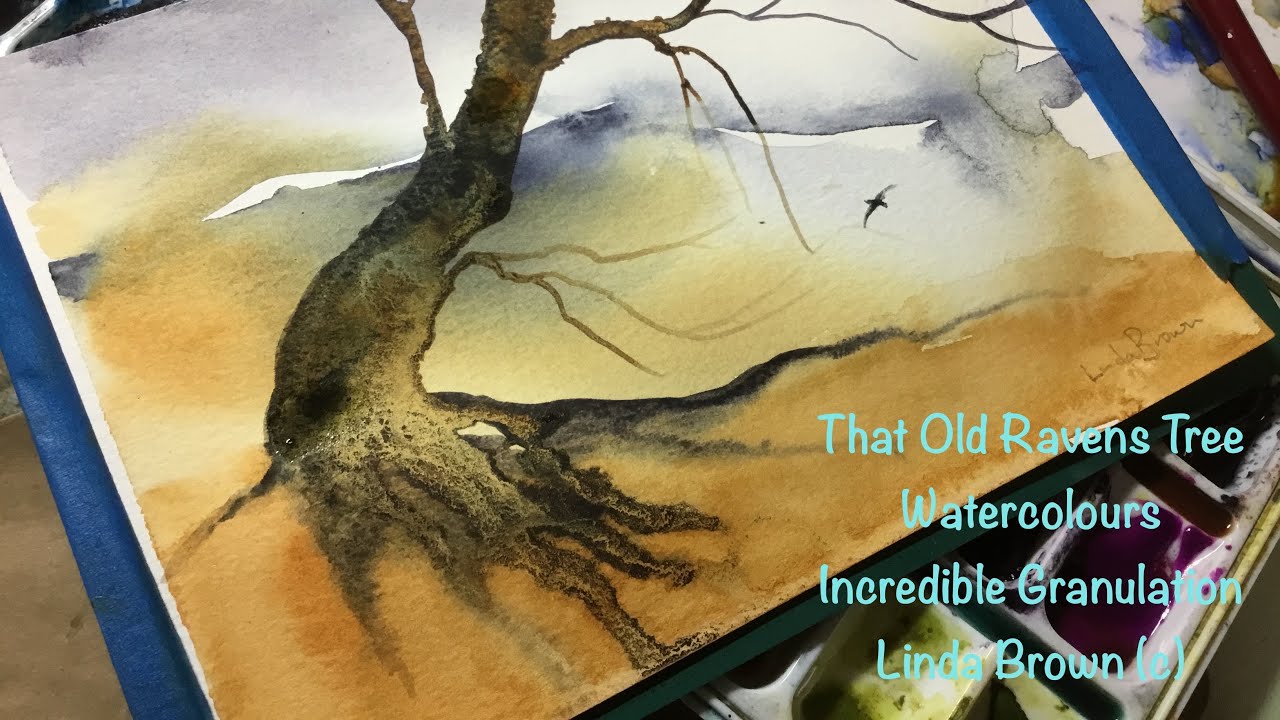 Experimental watercolour landscape The Old Ravens Tree, with granulation and loose techniques easy!