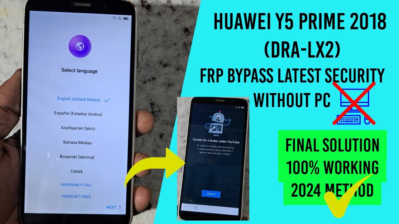 Huawei Y5 Prime 2018 FRP Bypass Without PC Youtube Update Problem Fix | DRA-LX2 FRP Bypass 2024