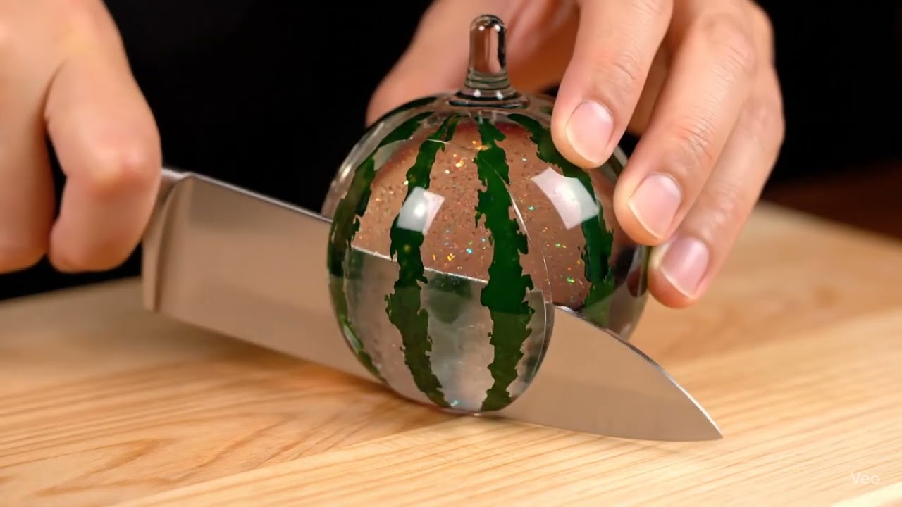 Highly realistic ultra 8K ASMR video of a human hand slicing a hyper-detailed, glass sculpture of 