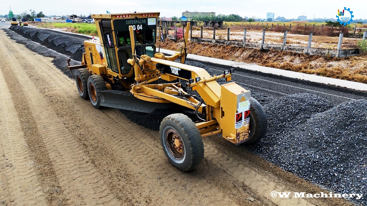 CAT Motor Grader Trimming Gravel Building New Road Construction Machinery Operator Skills Workers
