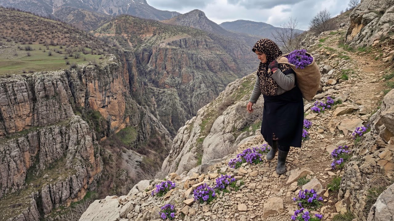 70-Year-Old Village Woman Harvesting a Rare Medicinal Plant in Iran’s Mountains