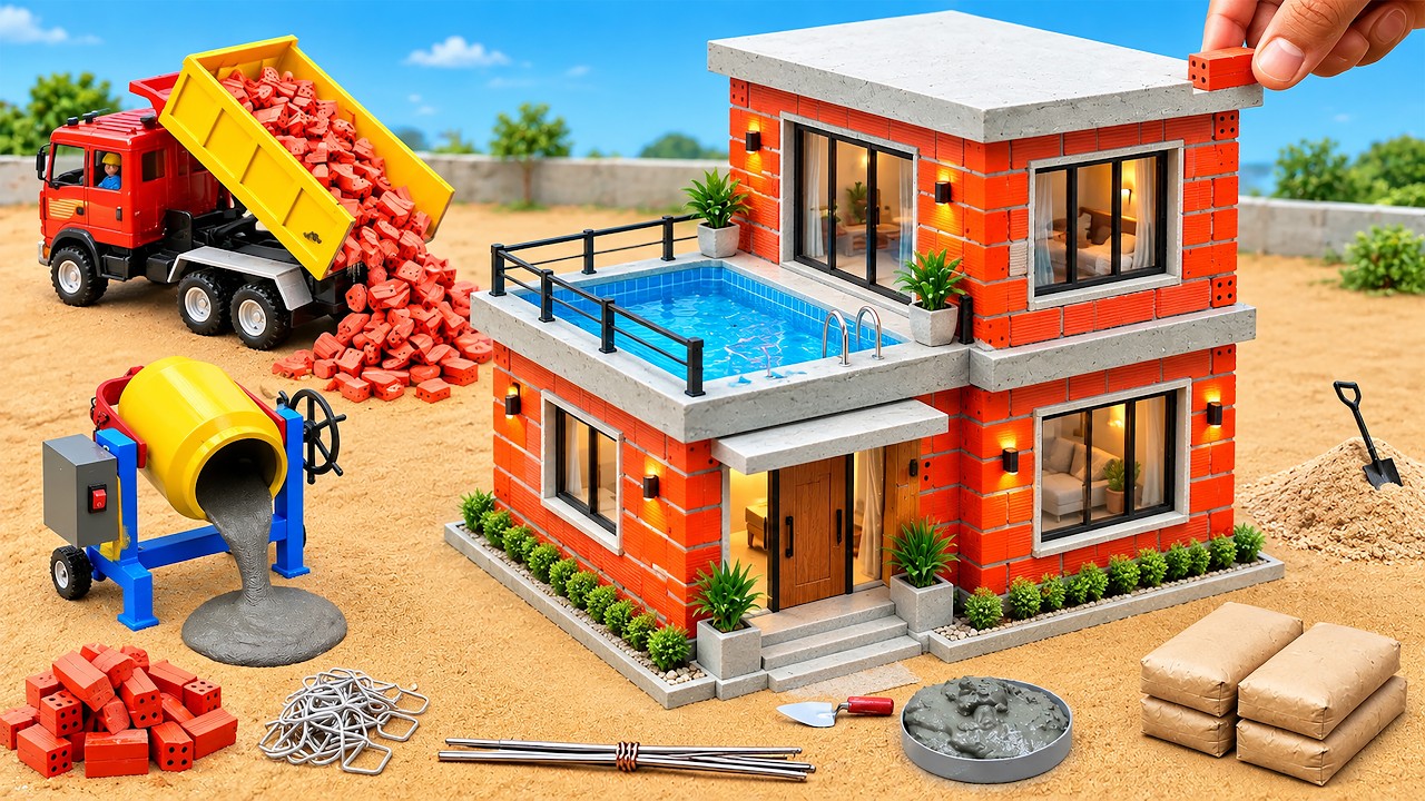 DIY Mini Tractor Builds Strong Brick House With Rooftop Paradise | Fun Construction Science Project