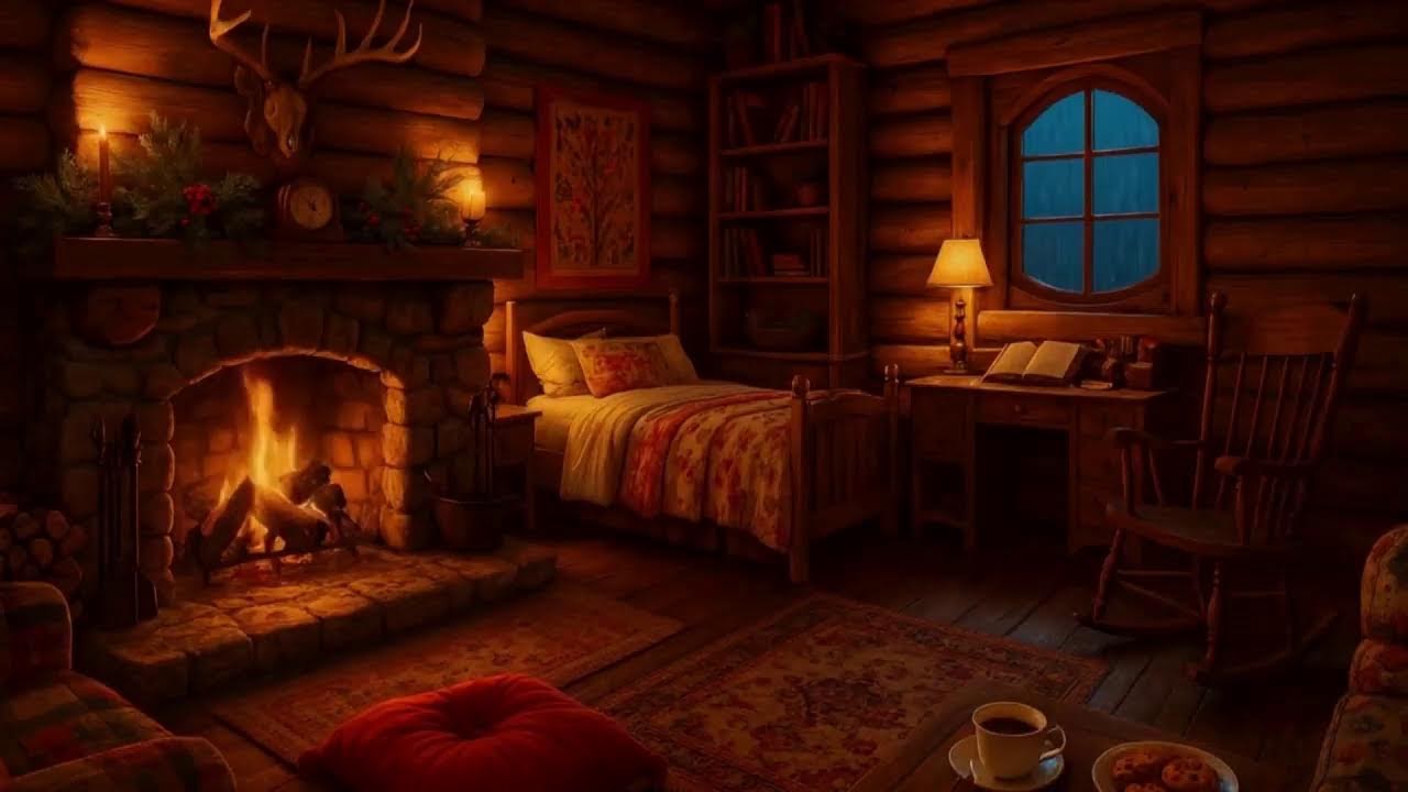 Cozy Rainy Night in a Log Cabin 🔥🌧 Fireplace, Wind & Rain for Study, Relax & Sleep (Live Ambience)