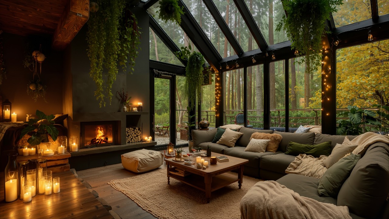 Rainy Night at a Cozy Cabin in the Forest 🌧️Gentle Piano, Crackling Fireplace & Rain Sounds for Work