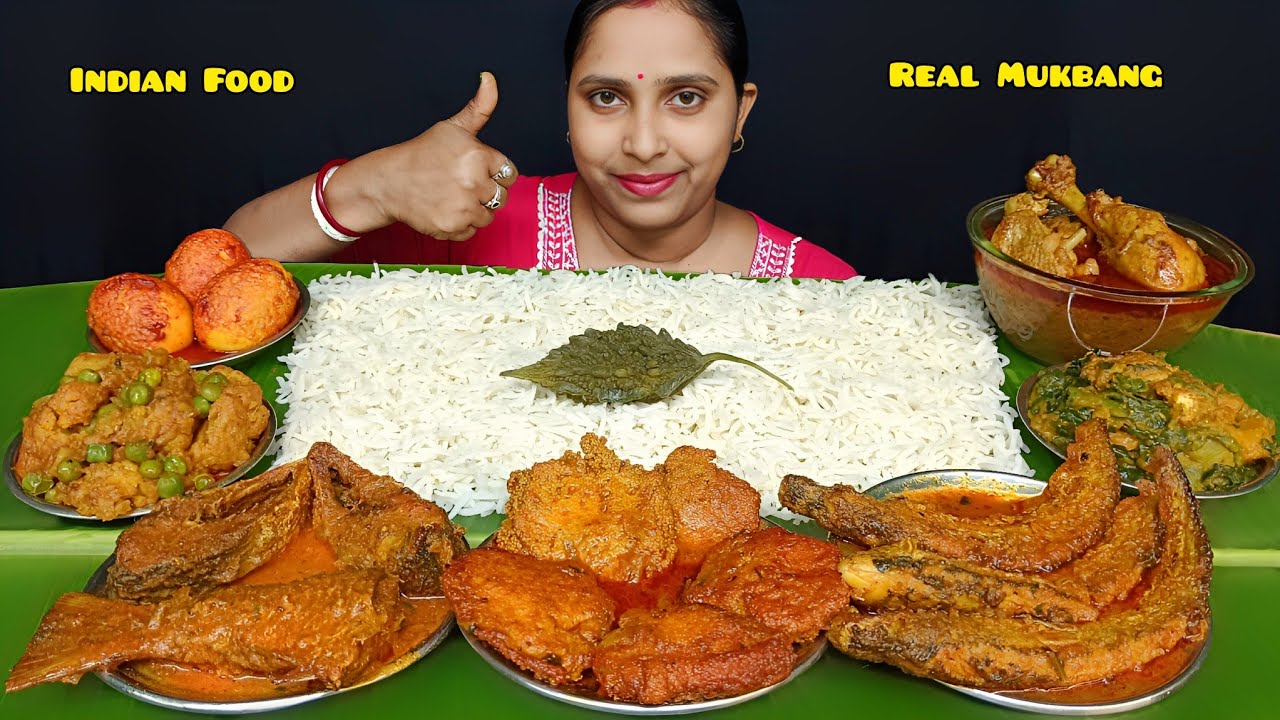 Eating Chicken Curry, Pabda Fish Curry, Fish Egg Curry, Ilish Fish Curry, Egg Curry, Basmati Rice 