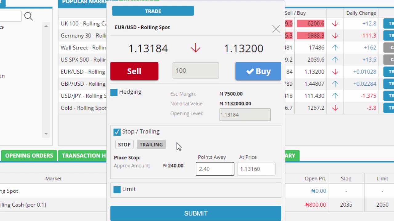 How to place a trailing stop loss on an existing open position with Eagle Global Markets