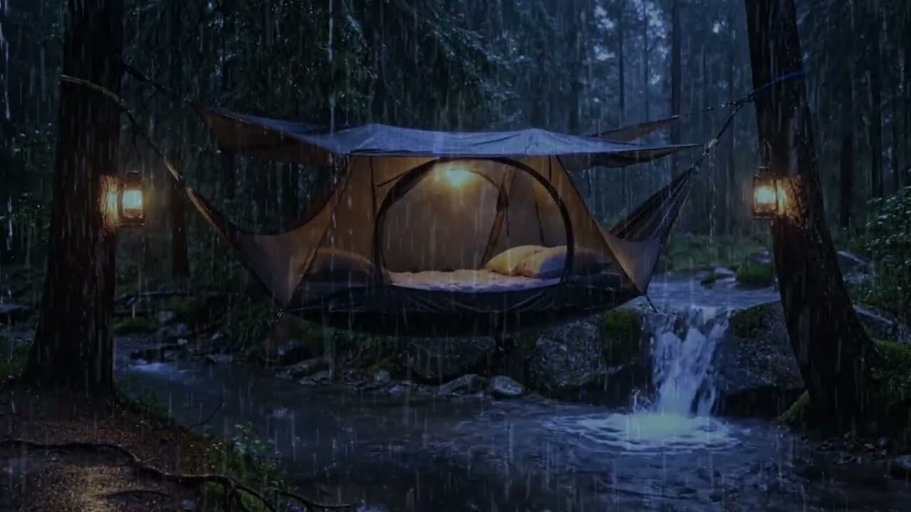 Instant Deep Sleep 😴 Heavy Rain Pounding a Hanging Tent Near a Waterfall