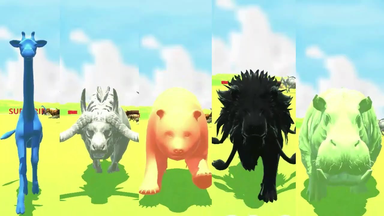 Colored Animals Speed Races | Giraffe, Panda, Buffalo, Lion, Hippopotamus