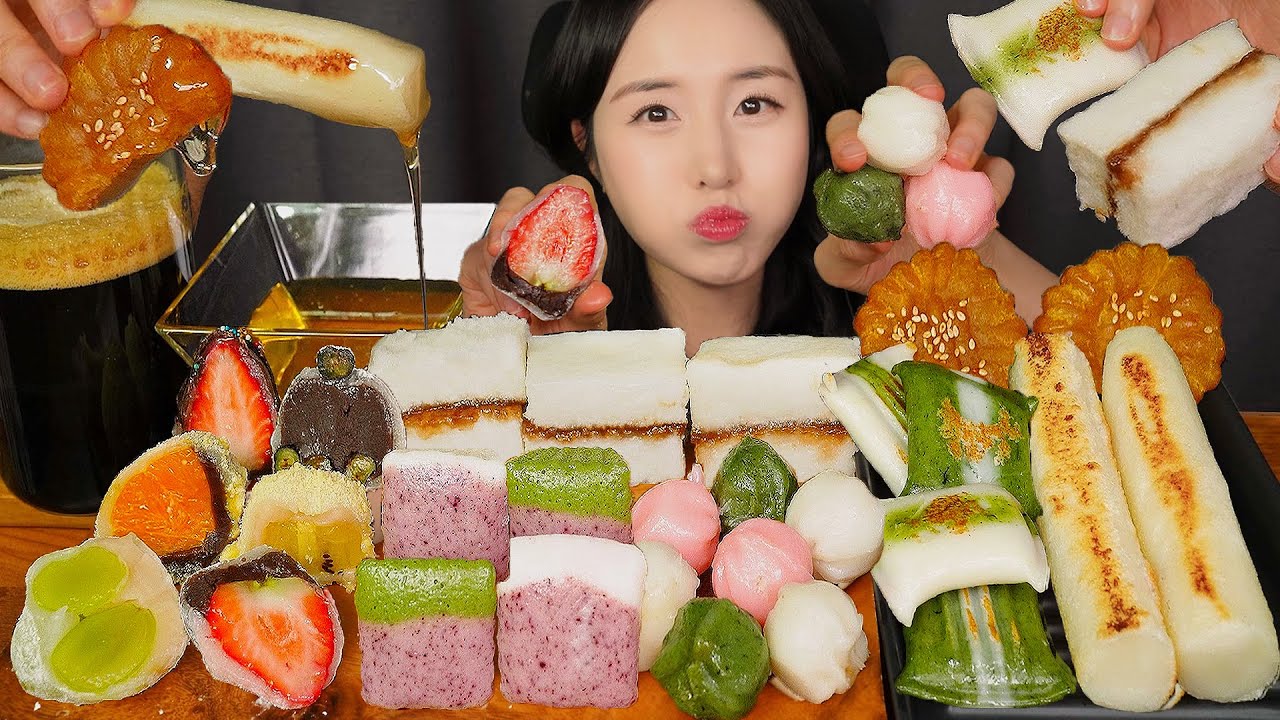 ЖЕВАТЕЛЬНЫЙ И ЛИПКИЙ ДЕСЕРТ🍡 РИСОВЫЙ ПИРОГ & ЯКГВА & ФРУКТЫ АСМР ЗВУКИ ЕДЫ MUKBANG