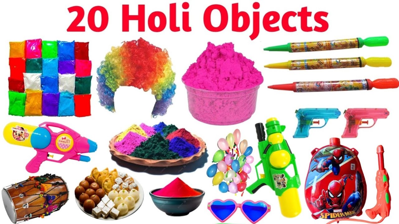 होली में खेलने वाली 20 चीजें | 20 Holi Objects | Learn 20 Holi Objects Names in English & Hindi