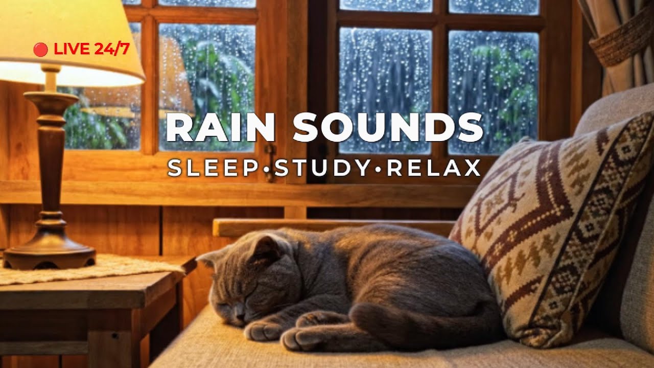 🔴 LIVE 24/7 Rain Sounds for Sleeping 🐾 Cozy Cabin Cat ASMR White Noise