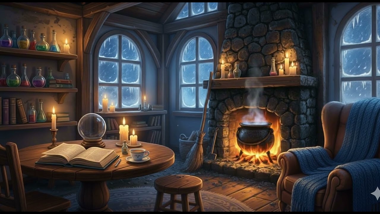 Wizard's Study in a Snowstorm ❄️ Relaxing Piano & Crackling Fireplace [4K]