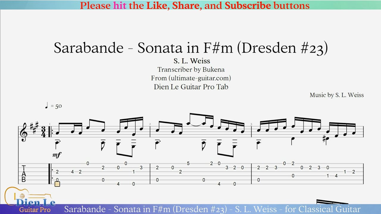 Sarabande - Sonata in F#m (Dresden #23) - S. L. Weiss - for Classical Guitar with TABs
