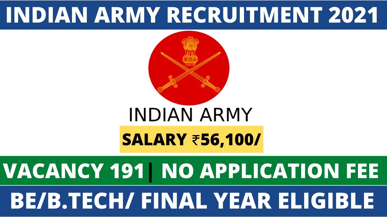 Indian Army Recruitment 2021 | Salary ₹56,100 | Vacancy 191 | BE/B.Tech  final year eligible