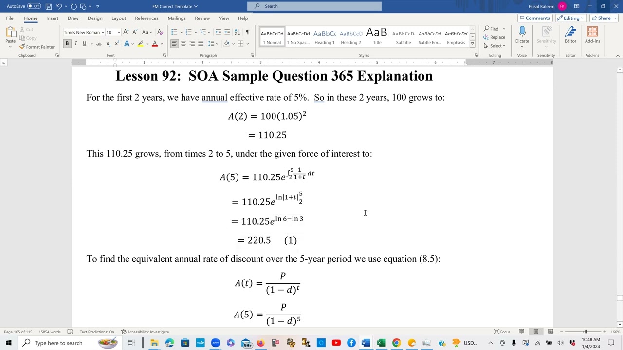 Actuarial SOA Exam FM Prep Lesson 92: SOA Sample Question 365 Solution