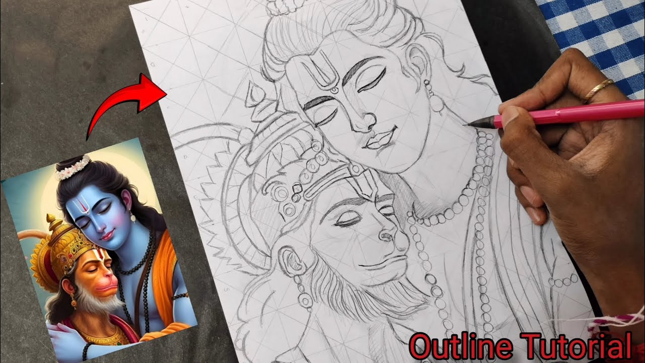 Shri Ram & Hanumanj Outline Tutorial 😍,How to Draw Shri Ram Hanumanji Step by step Tutorial🚩