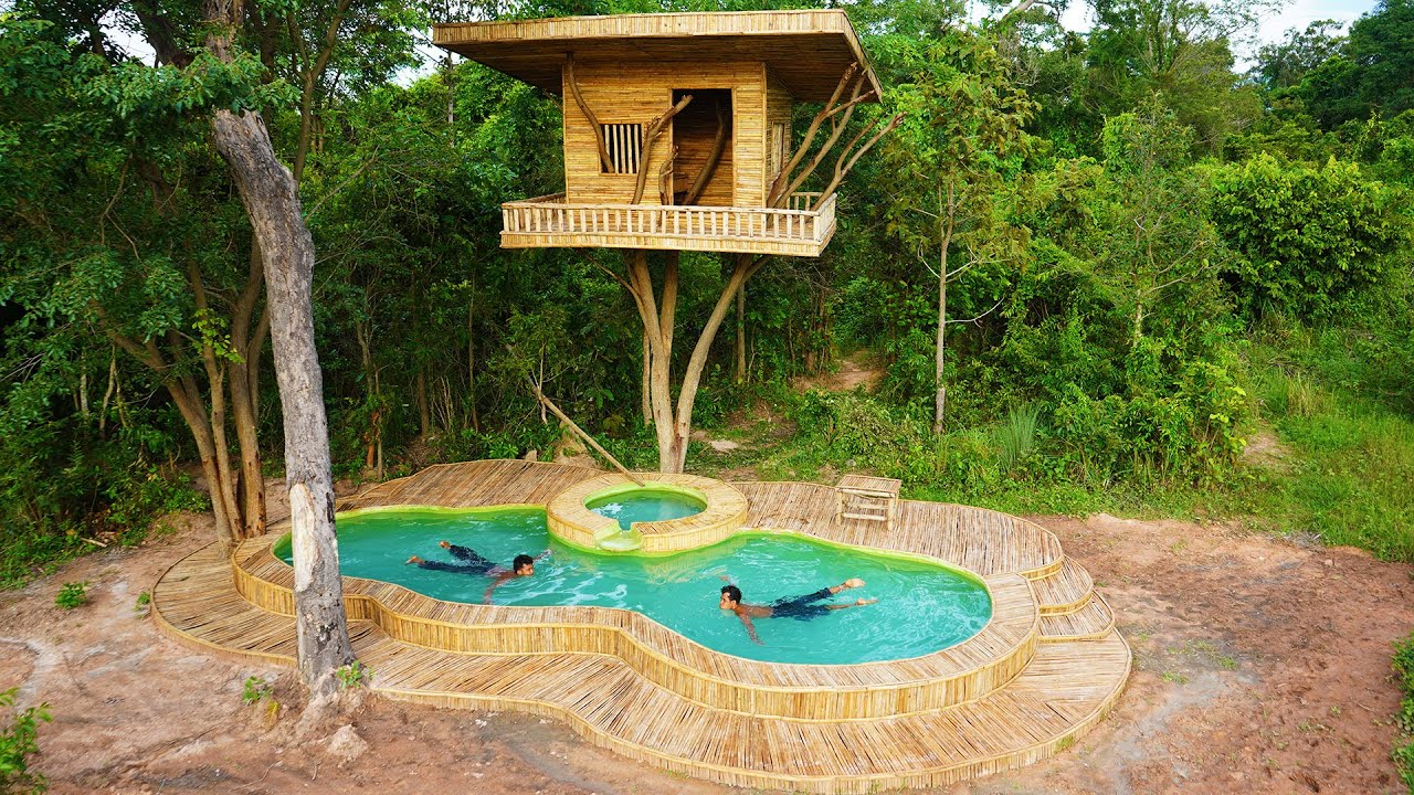 180 Day Build a Modern Bamboo Tree House And a Beautiful Bamboo Swimming Pool The in Rainforest
