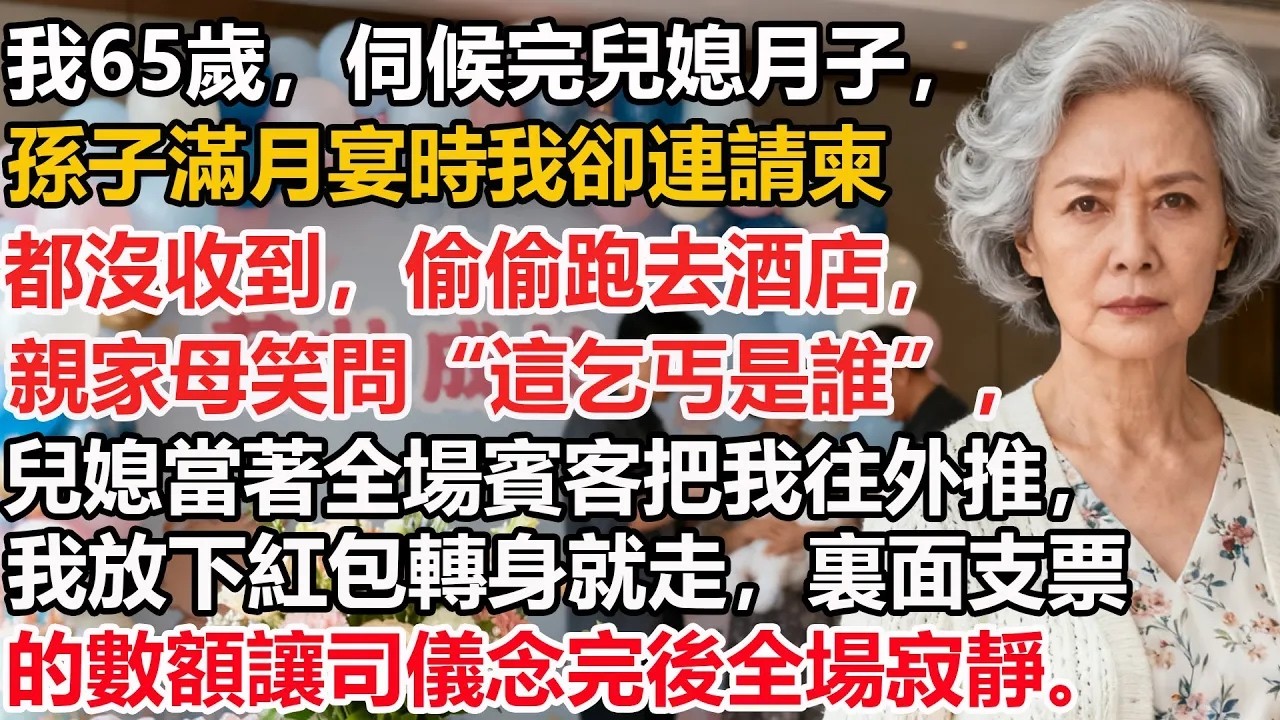 【我65歲】伺候完兒媳月子，孫子滿月宴時我卻連請柬都沒收到，偷偷跑去酒店，親家母笑問“這乞丐是誰”，兒媳當著全場賓客把我往外推，我放下紅包轉身就走，裏面支票的數額讓司儀念完後全場寂靜。