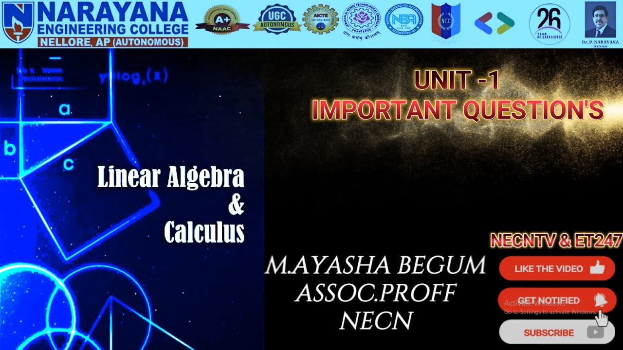 Maths - Linear Algebra & Calculus - M1- JNTUA - R23 - Syllabus -  Matrices Topic by M. Ayasha Begum