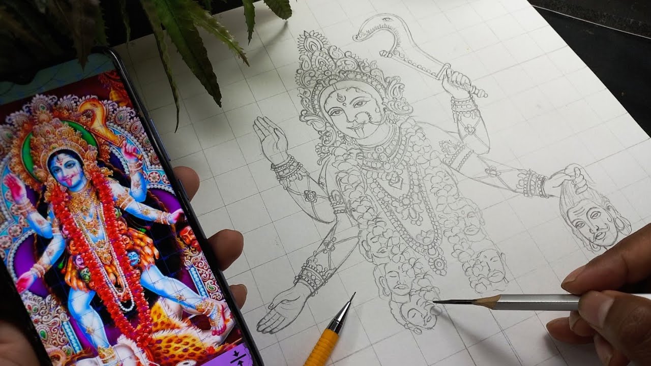 Maa Kali Drawing,  How to draw Maa kali, Step by Step, Outline Tutorial