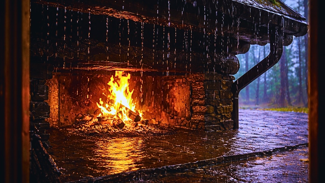 Barulho de Chuva Suave com Lareira na Cabana | Som de Chuva para Dormir Profundamente