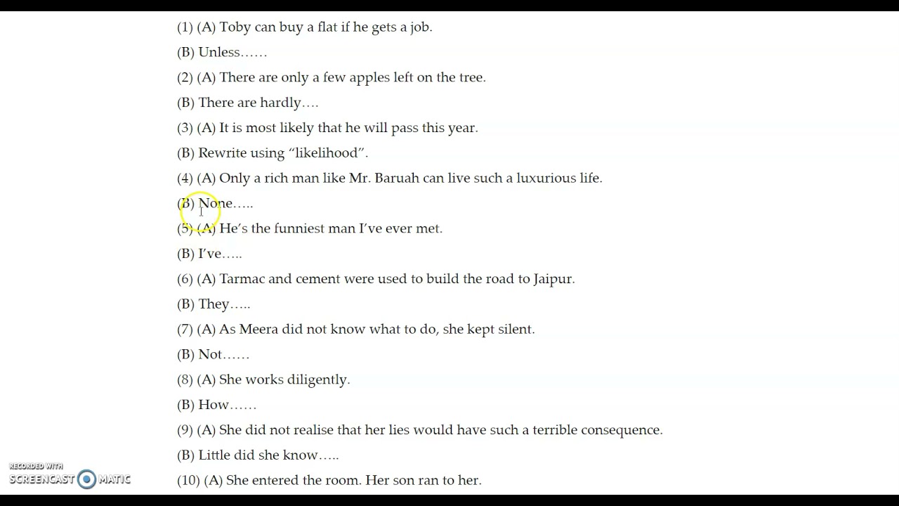 ISC 11/12 Transformation Of Sentences Practice Session Part 1
