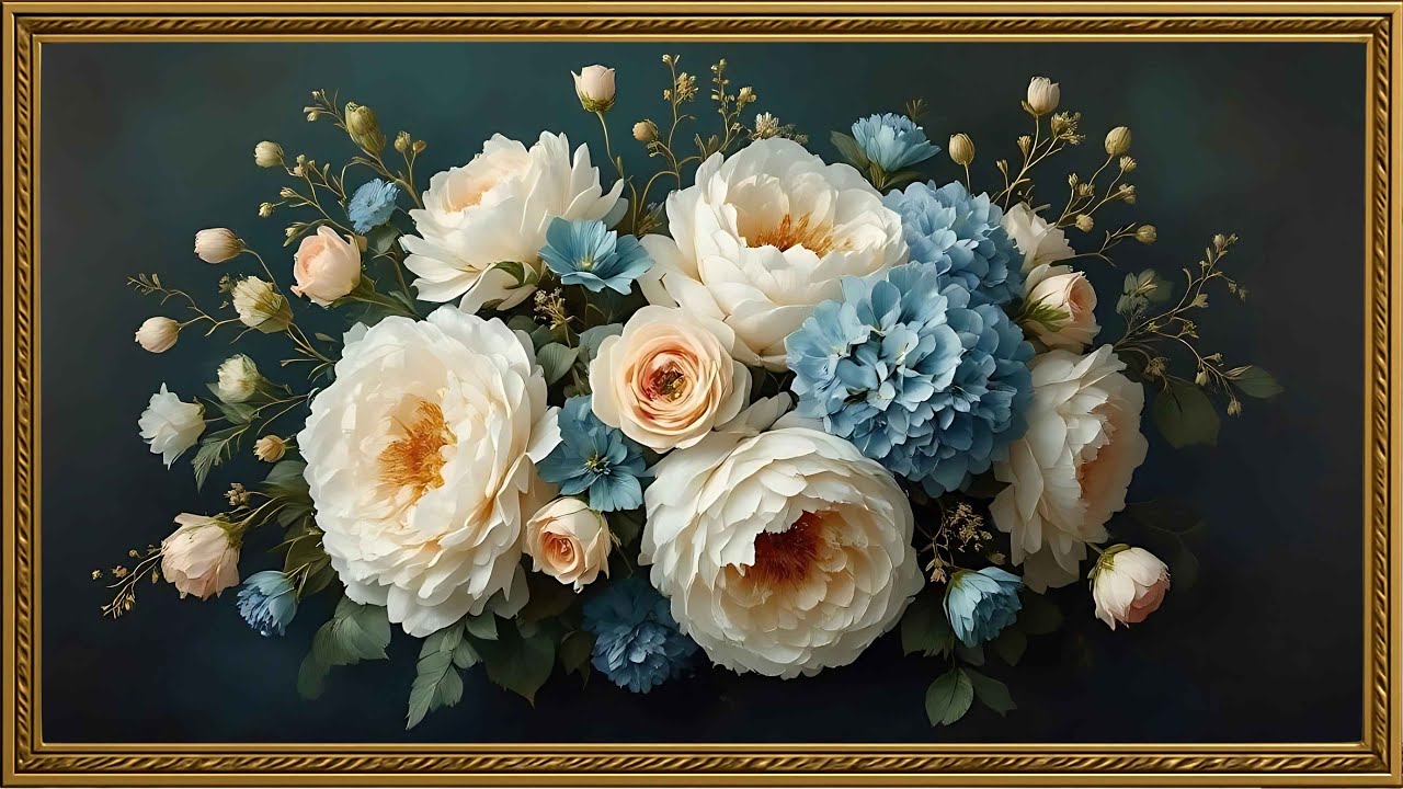 Cream Peonies & Blue Blooms –4K Framed Art | Peonías Crema y Flores Azules–| No Music