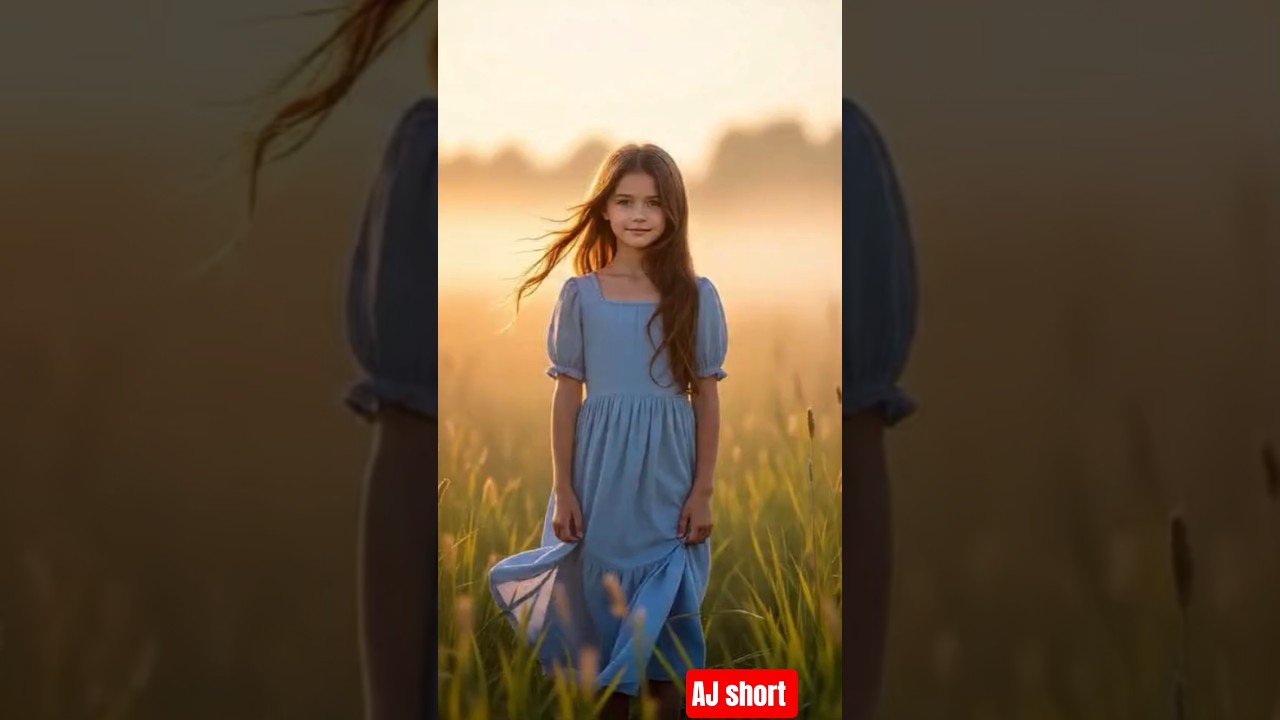 A young village girl with long, chestnut-brown hair in a flowing blue dress, 