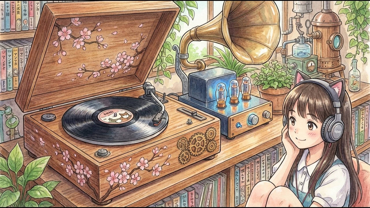 Anime Style Vinyl Jazz 🎶 | Rainy Night Cafe Focus (1 Hour)