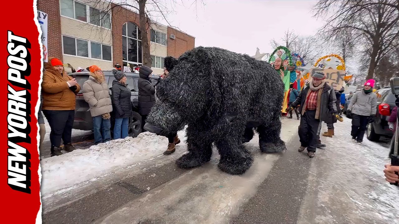 Life-size Bear Puppet Leads Minnesota Anti-ICE Protest March