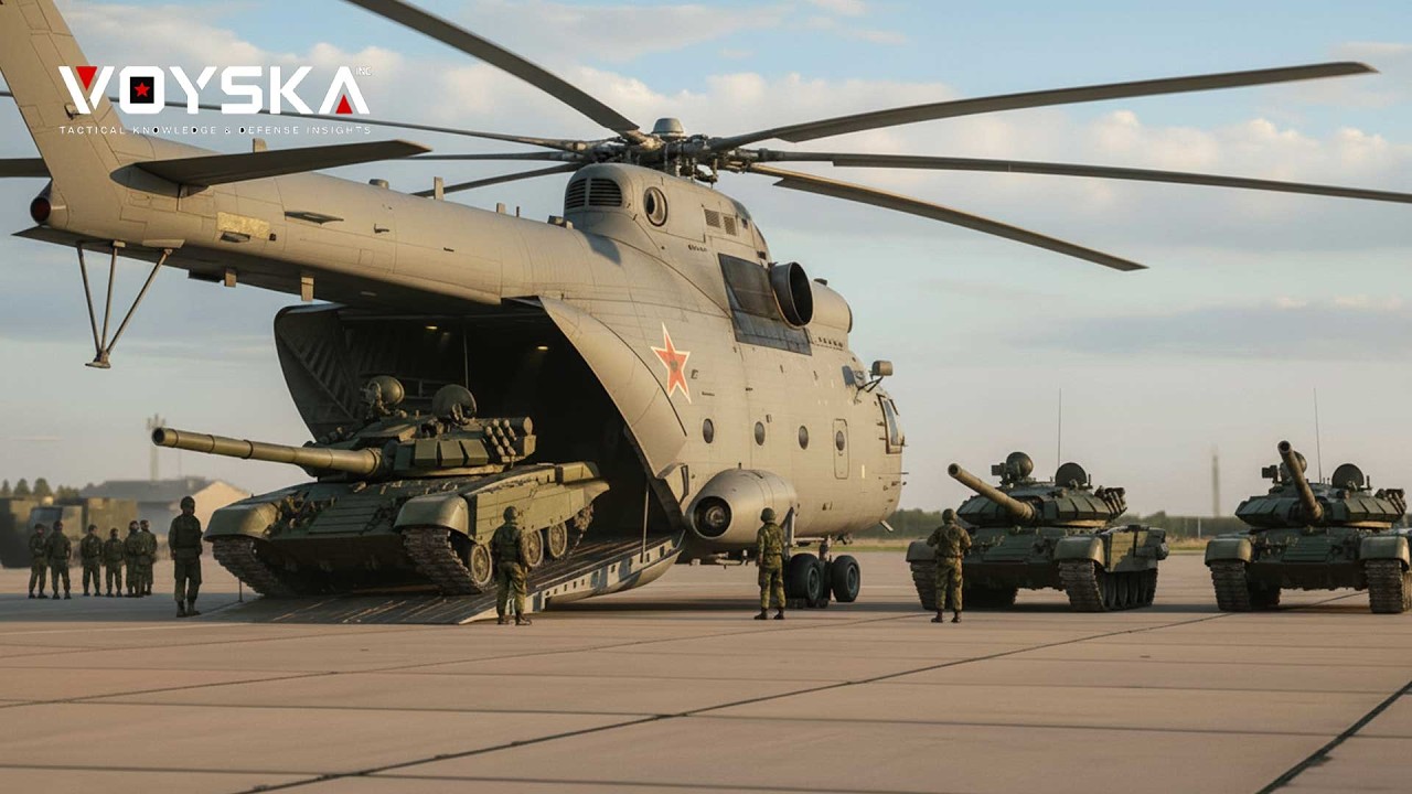 Это Ми-26, самый большой в мире вертолет, способный нести танки.