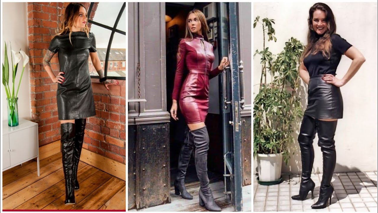 Leather ideas leather mini skirts with leather thigh high long heels boots#2022