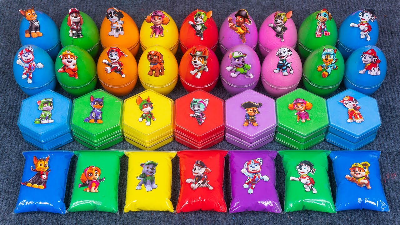 Finding Paw Patrol Slime Eggs! Marshall, Ryder, Skye & Chase Hidden in Satisfying ASMR Slime & Clay