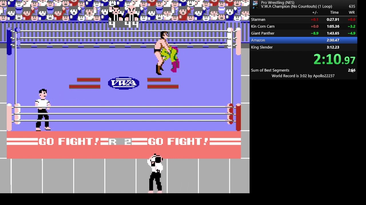Pro Wrestling (NES) V.W.A. Champion (1 Loop) (No Countouts) in 3:06 (near miss of world record)