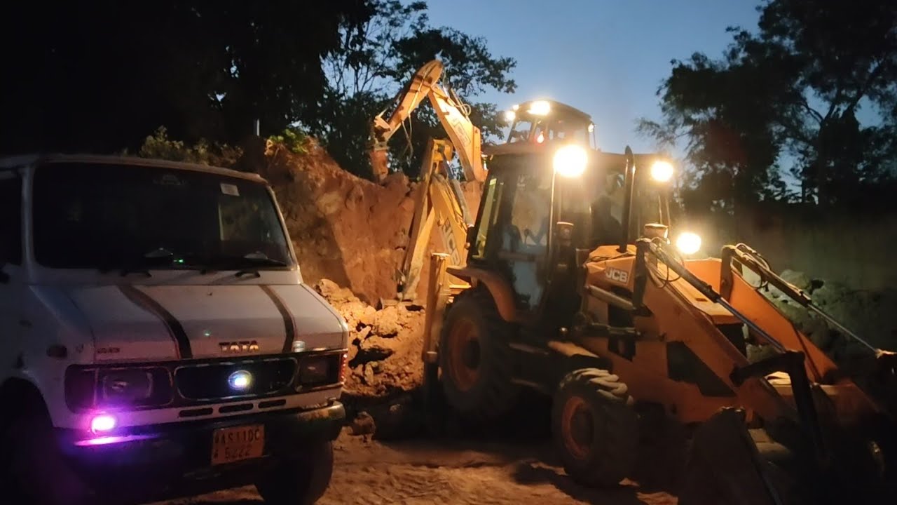 JCB 3dx night working load, Tata 407 truck Then JCB stone demolishing | JCB working | JCB machine