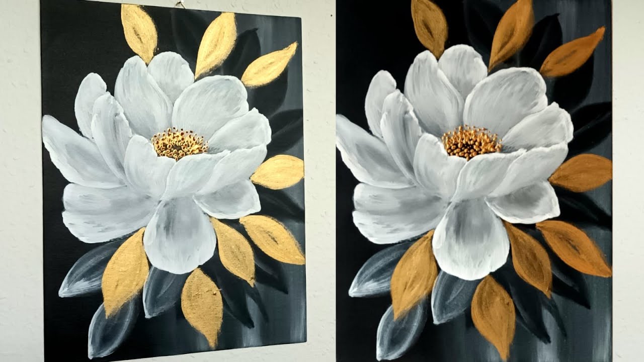 Blume Malen mit Acrylfarben Weiß Schwarz Gold, Schritt für Schritt Anleitung, leicht für Anfänger