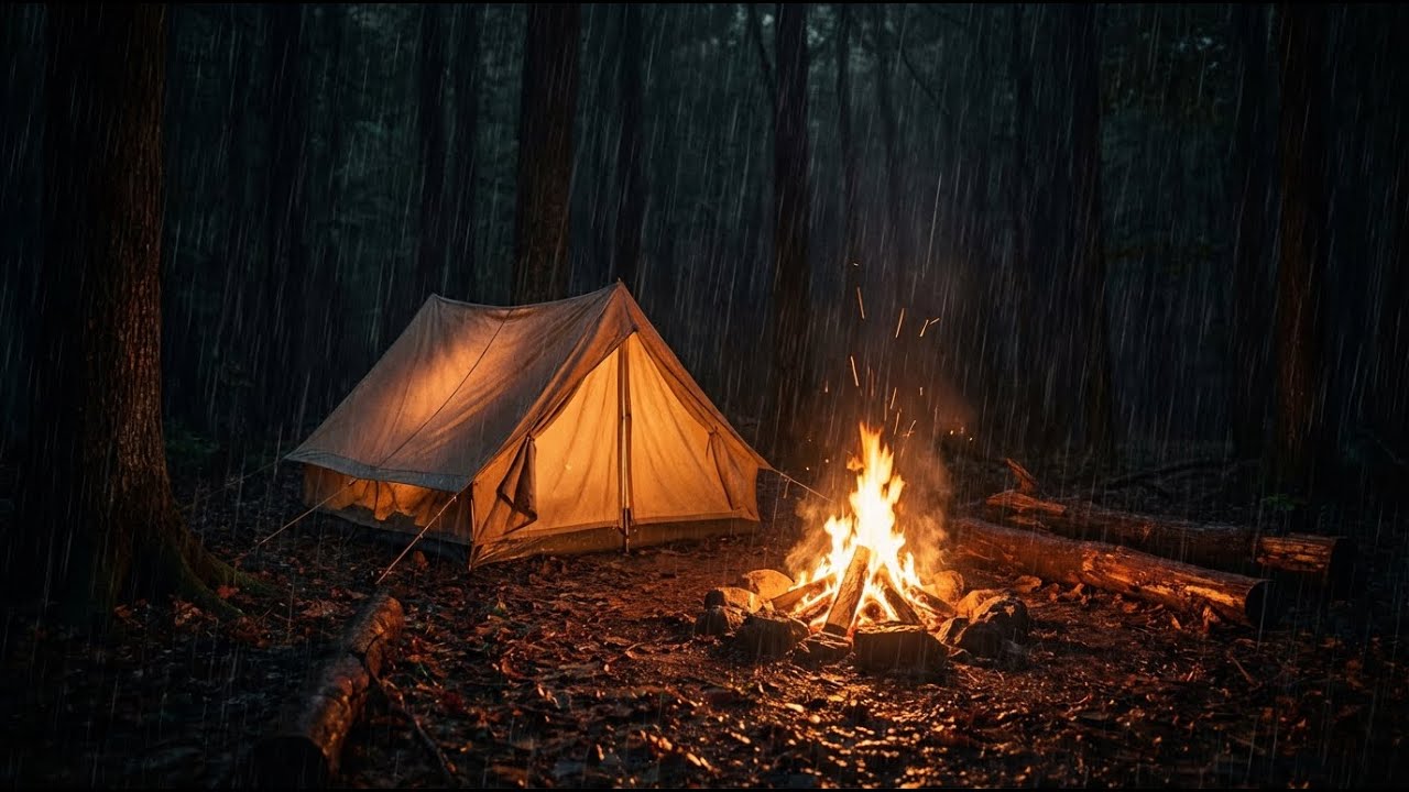Heavy Rain & Crackling Campfire Near a Cozy Tent | Dark Forest Night Ambience for Deep Sleep