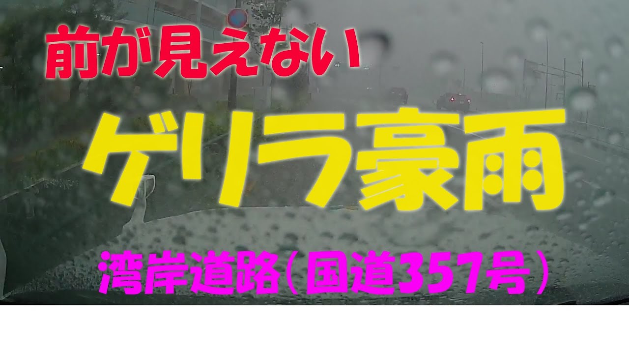 ゲリラ豪雨と雷・雹に遭遇　国道357号（湾岸道路）hail  heavy rain showers　視界不良の事故が怖い　緊急避難のため停止路駐する　ゲリラ雷雨
