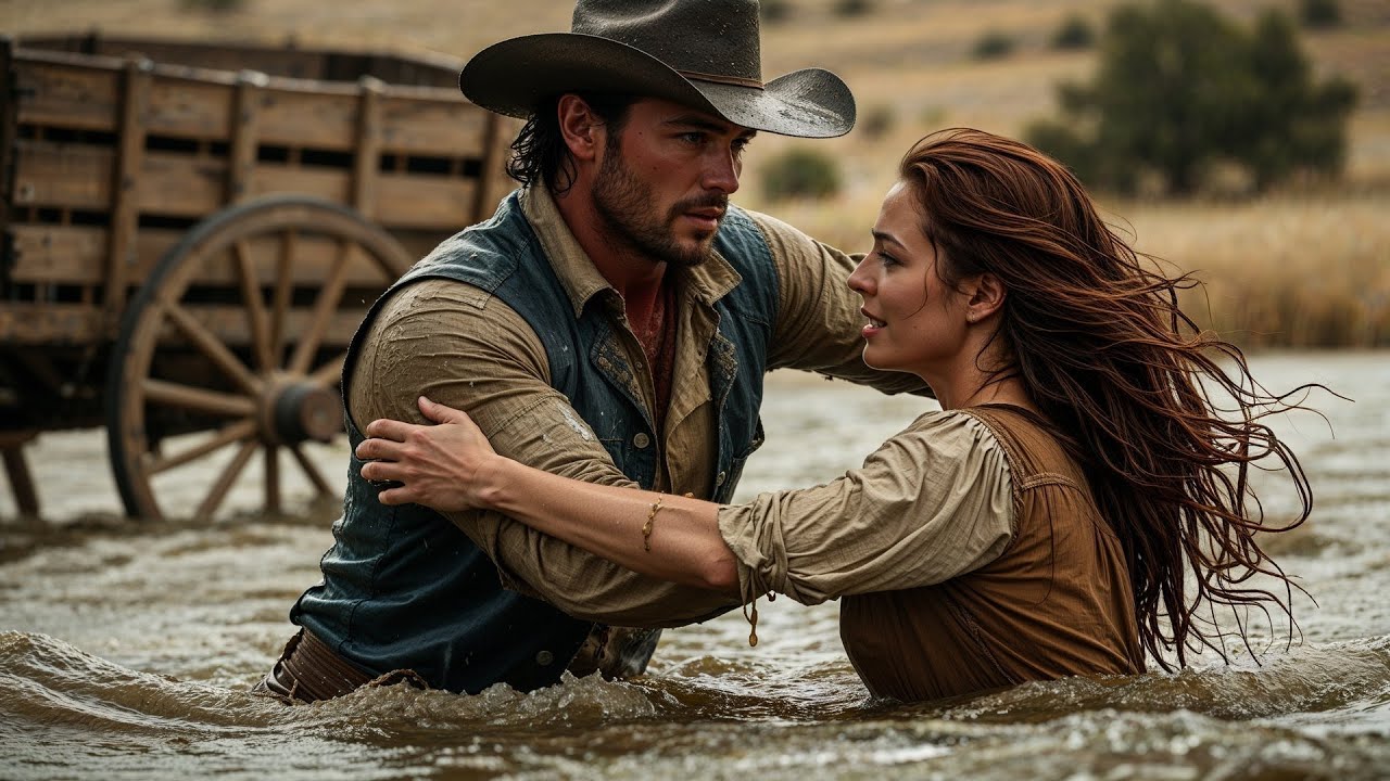 Her Wagon Tipped in the Flood, Until the Cowboy Waded In and Lifted Her to Safety