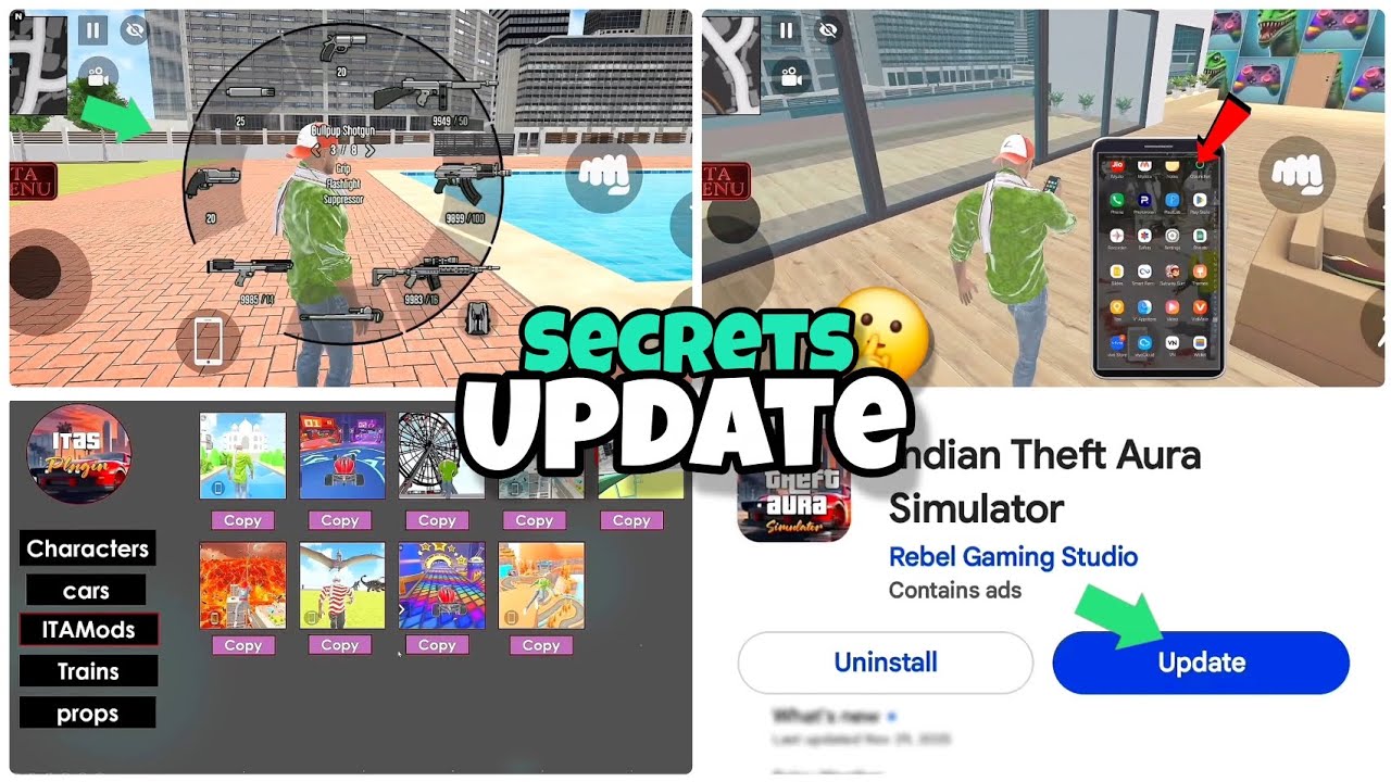 Indian Theft Aura Simulator 😱 Custom Gun Feature add + itas plugin New Update cheat codes 🤩🤯 