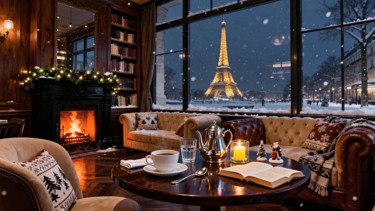 Cozy Winter Snowy Coffee Shop in Paris ❄️ Warm Relaxing Jazz Piano Music for Work & Relax